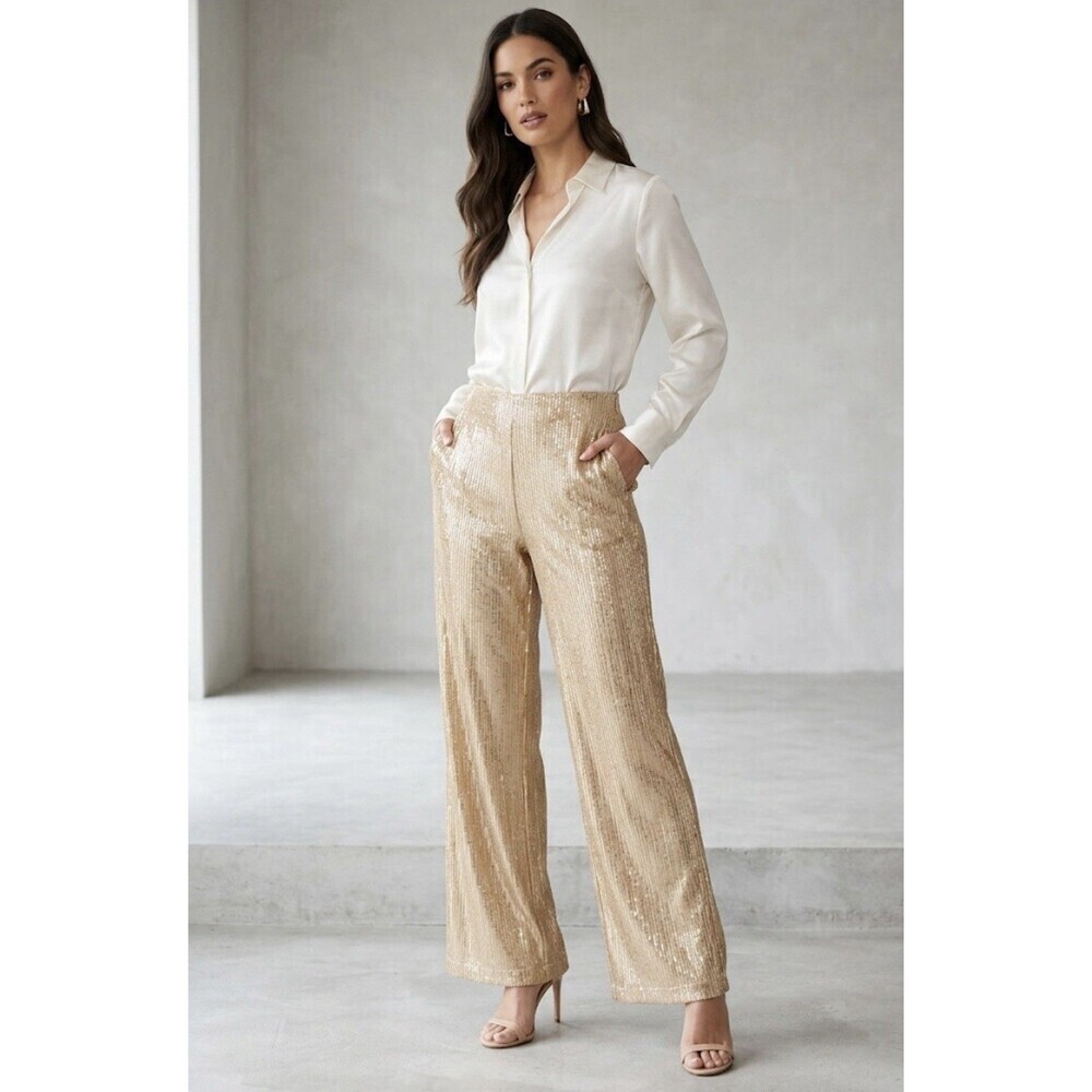 JMcLauglin Carter Women’s Gold Sequin Wide Leg Pants Size 0 NWT